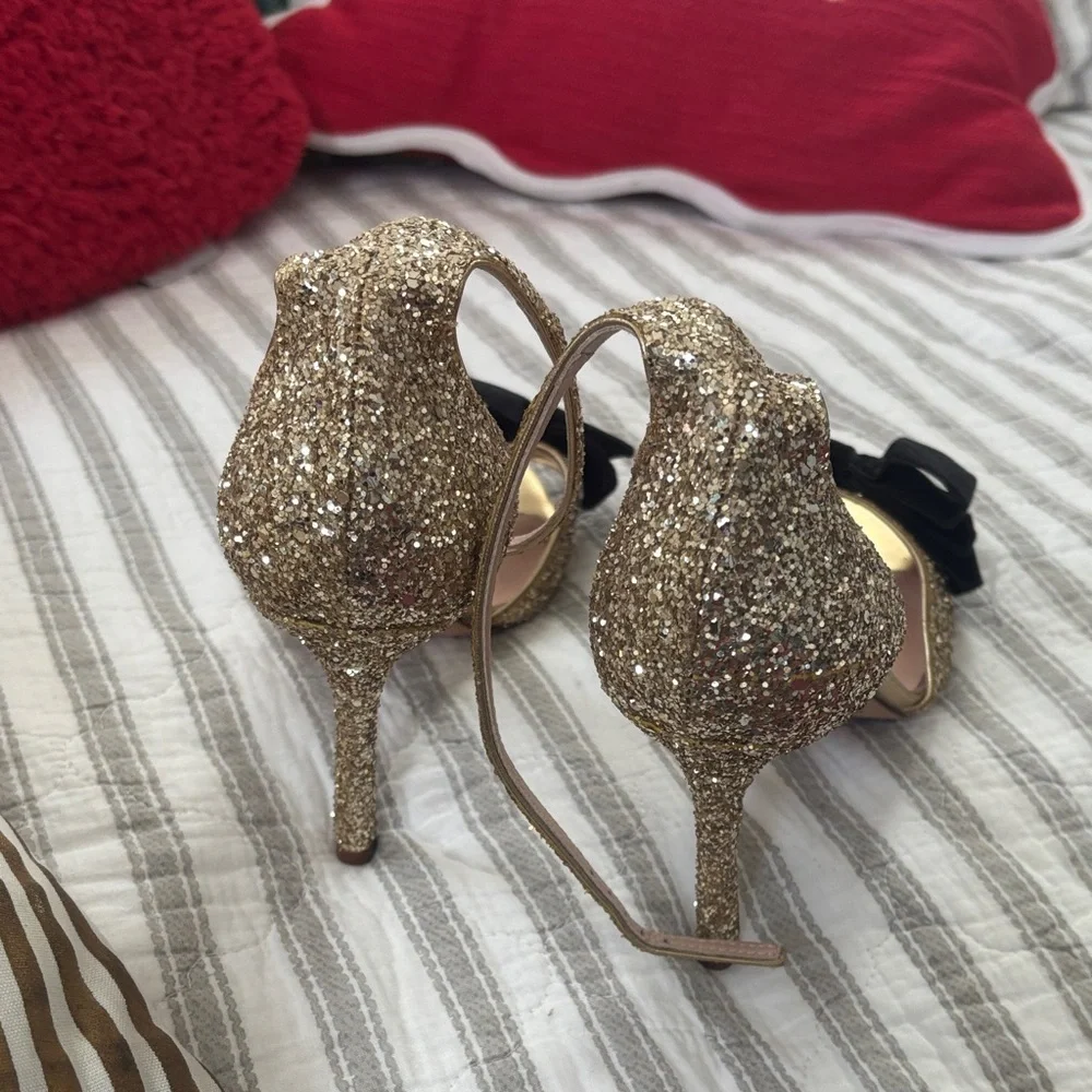 Rare Kate Spade Irwin Gold Glitter Black Velvet Bow Heels - Size 9, Never Worn
